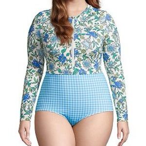 Lands End Sz 10 Zip Front Long Sleeve Tugless Sporty One Piece Swimsuit UPF 50